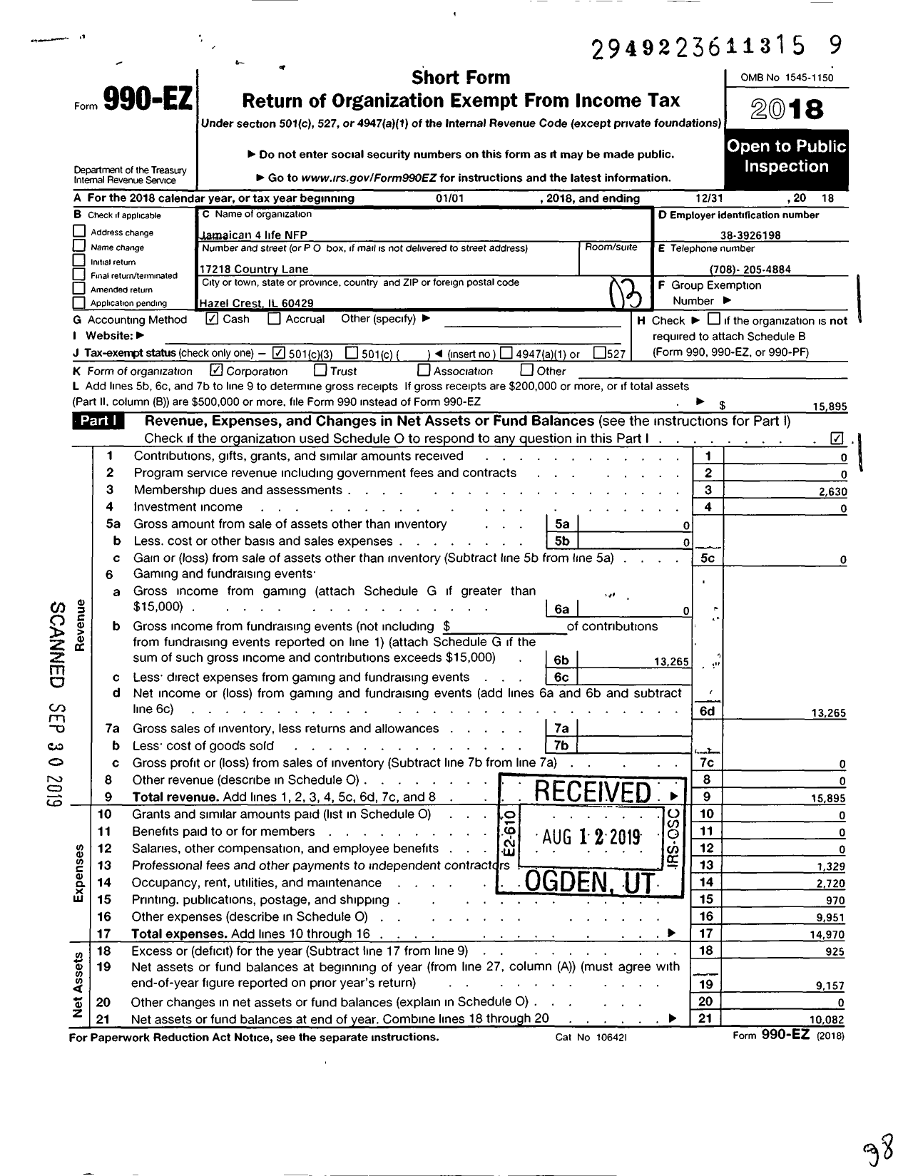 Image of first page of 2018 Form 990EZ for Jamaican 4 Life NFP