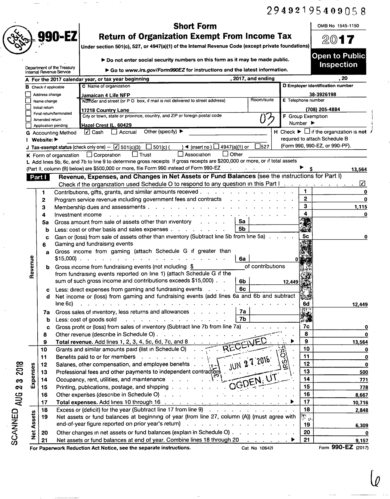 Image of first page of 2017 Form 990EZ for Jamaican 4 Life NFP