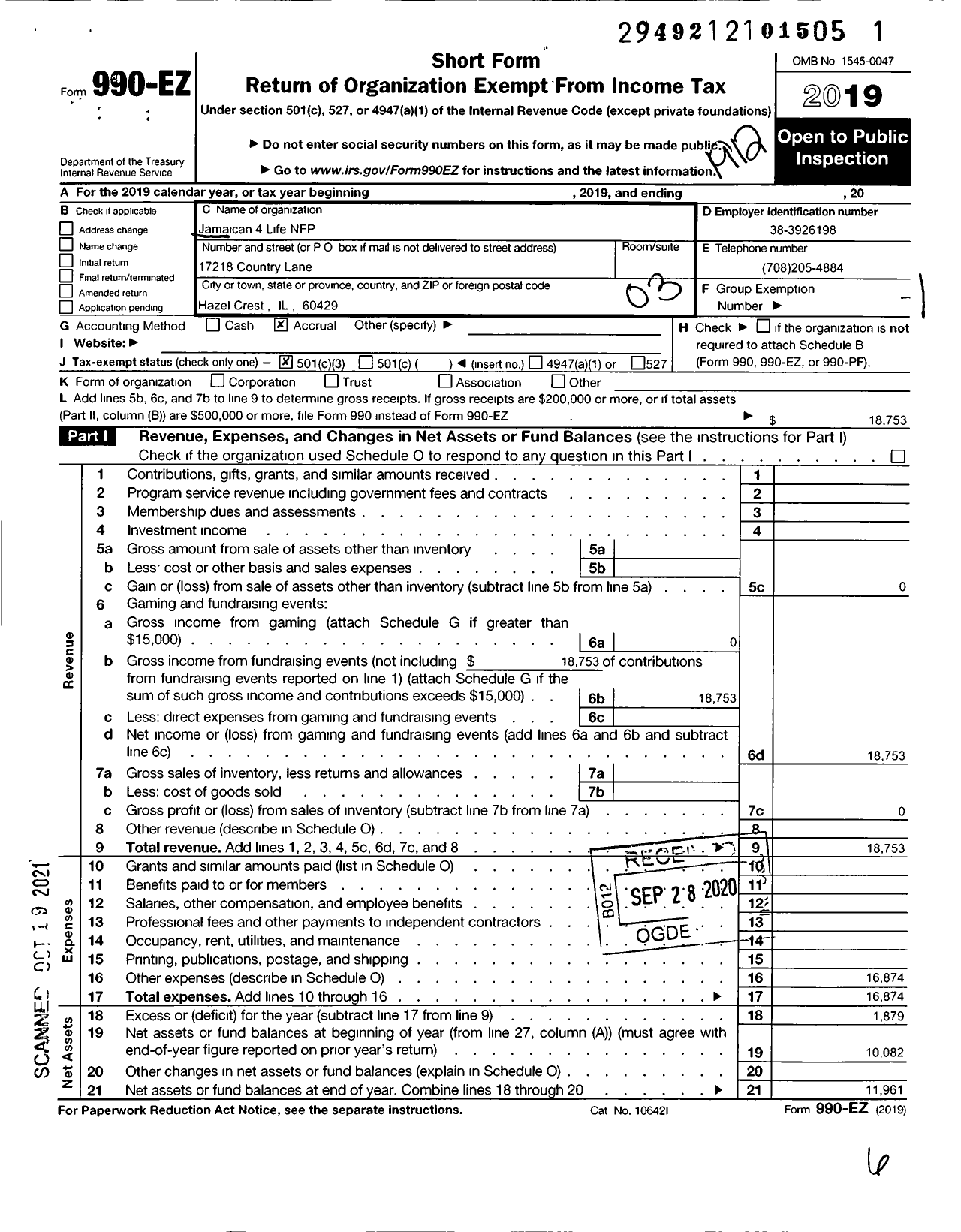 Image of first page of 2019 Form 990EZ for Jamaican 4 Life NFP