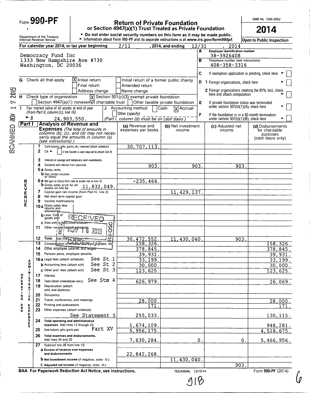 Image of first page of 2014 Form 990PF for Democracy Fund