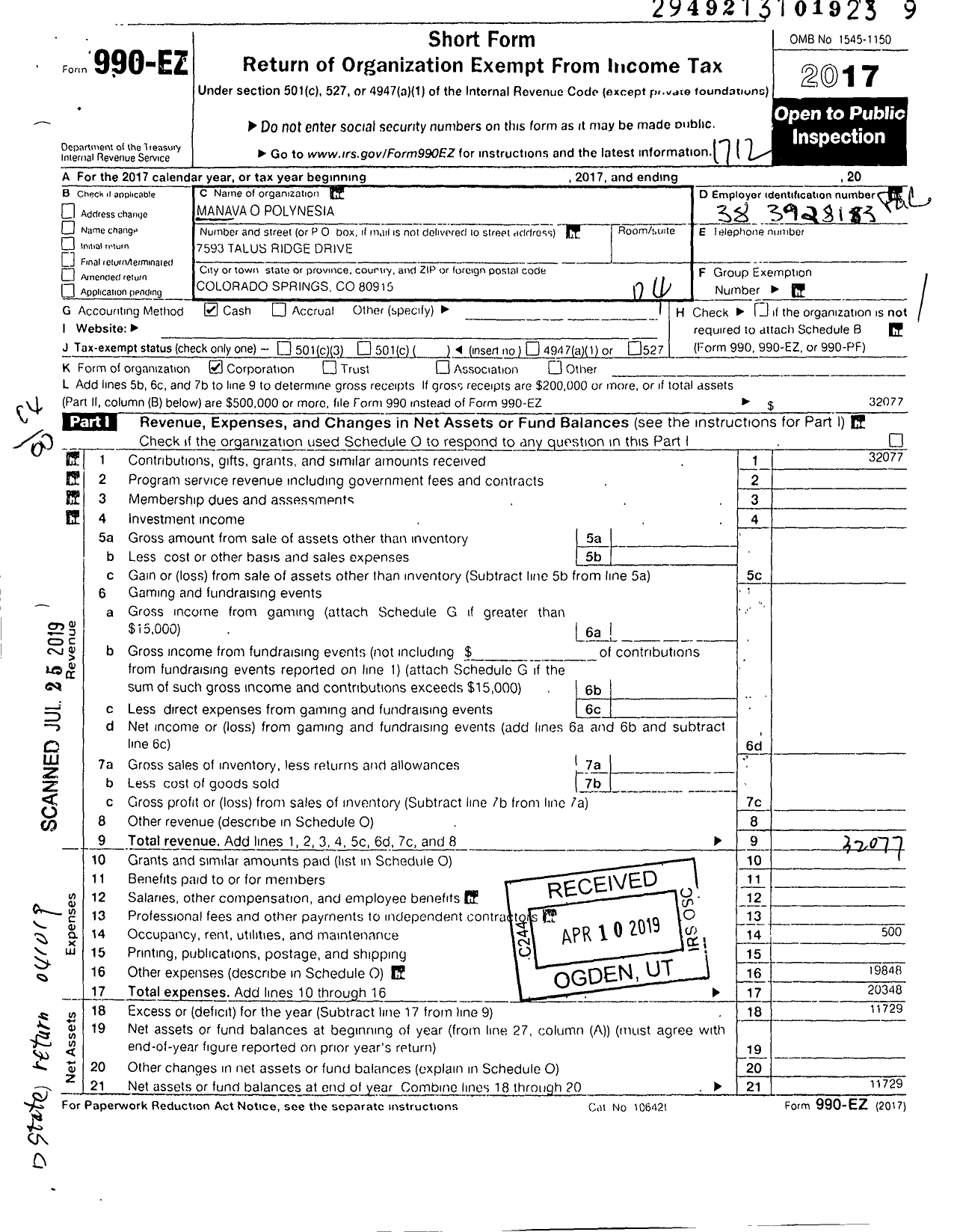 Image of first page of 2017 Form 990EO for Manava O Polynesia