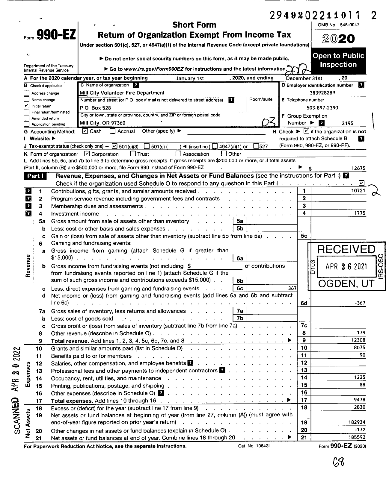 Image of first page of 2020 Form 990EZ for Mill City Volunteer Fire Department