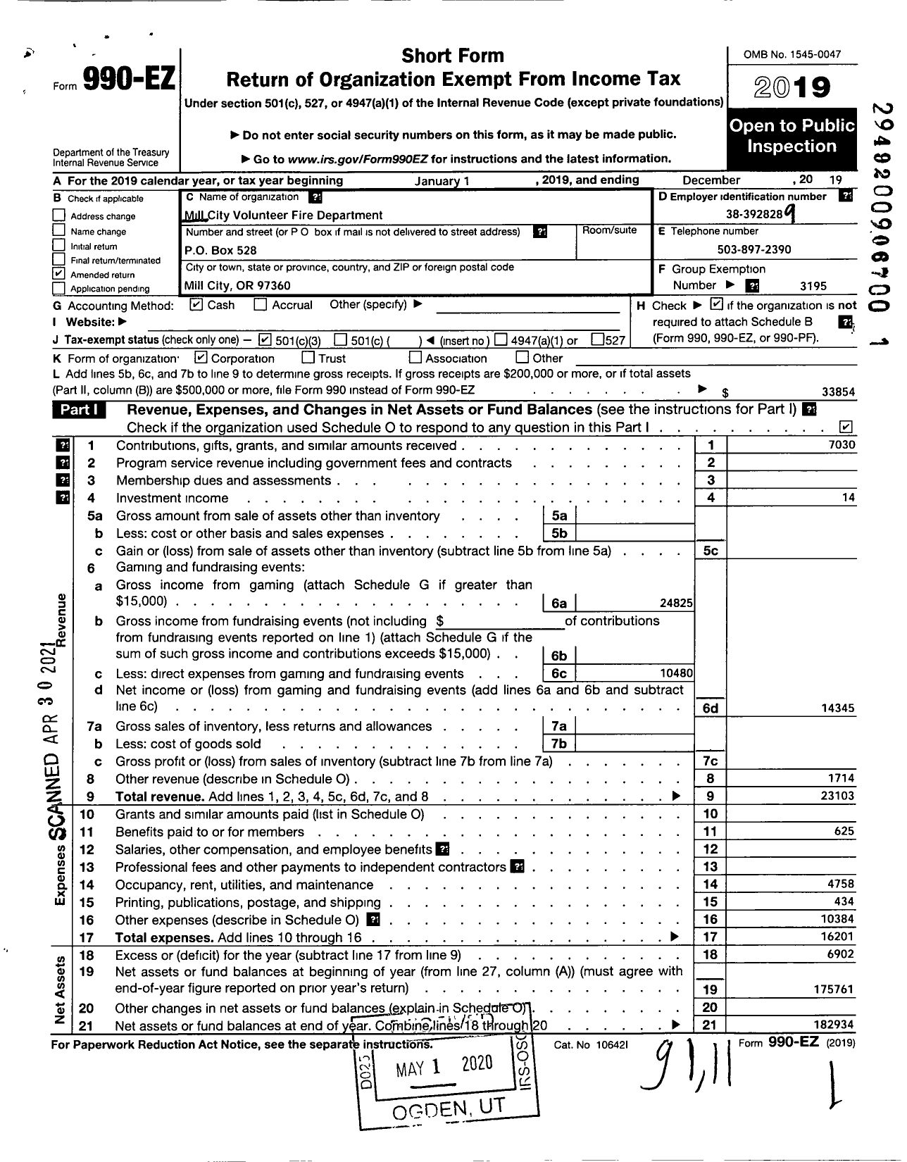 Image of first page of 2019 Form 990EZ for Mill City Volunteer Fire Department