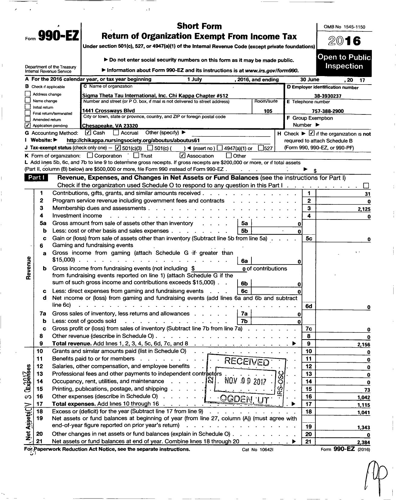 Image of first page of 2016 Form 990EZ for Sigma Theta Tau - 512 Chapter Chi Kappa