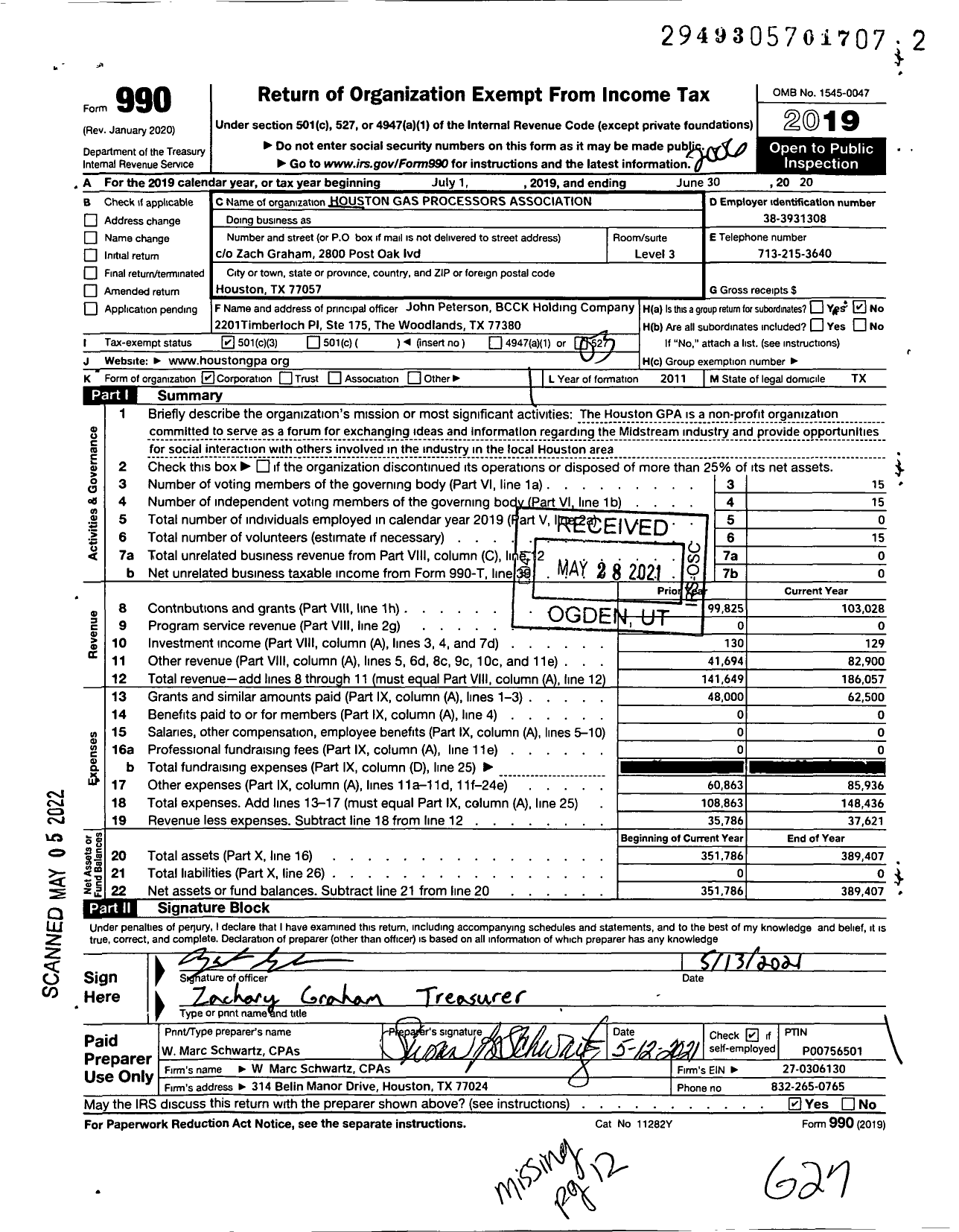 Image of first page of 2019 Form 990 for Houston Gas Processors Association