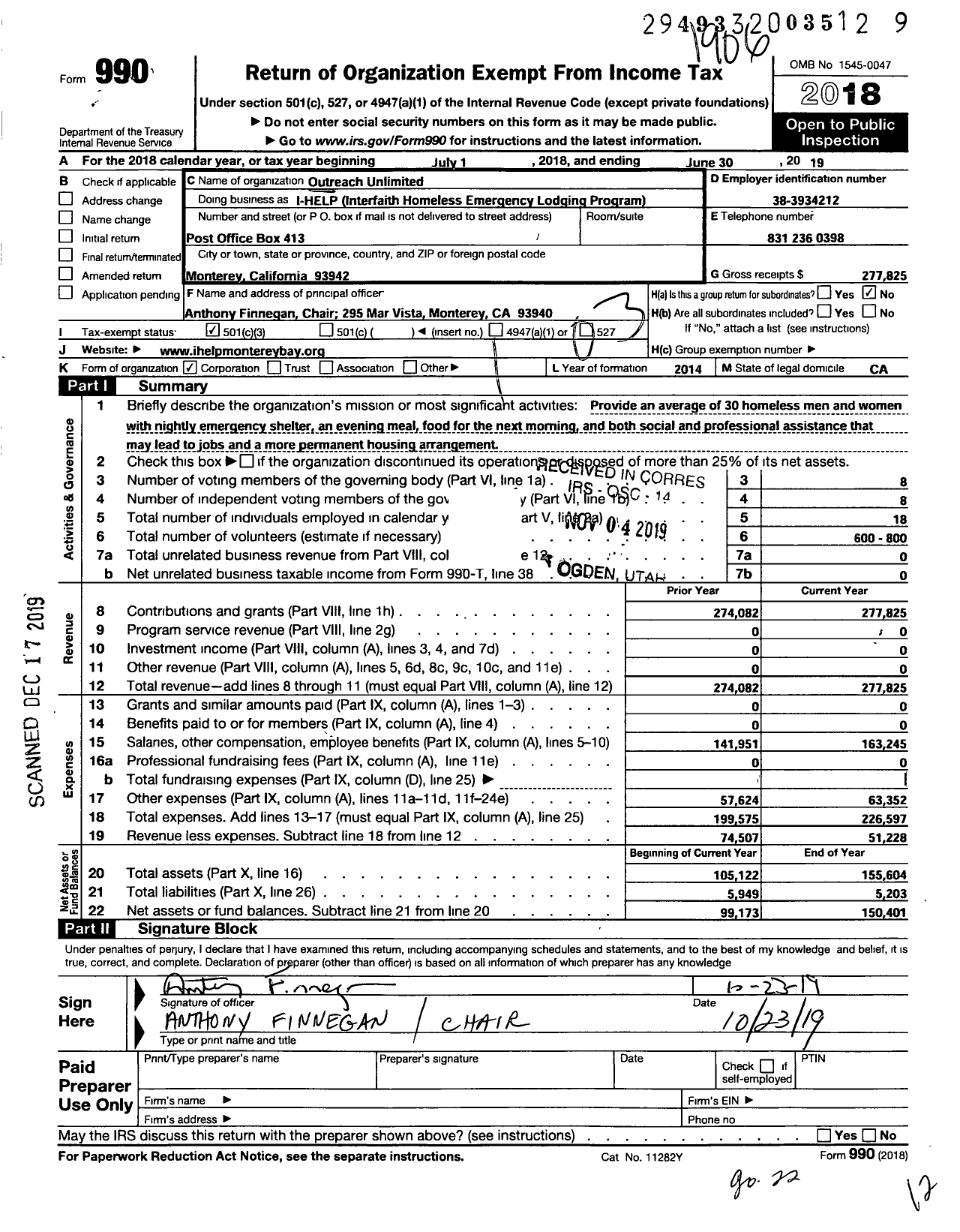 Image of first page of 2018 Form 990 for Outreach Unlimited I-Help