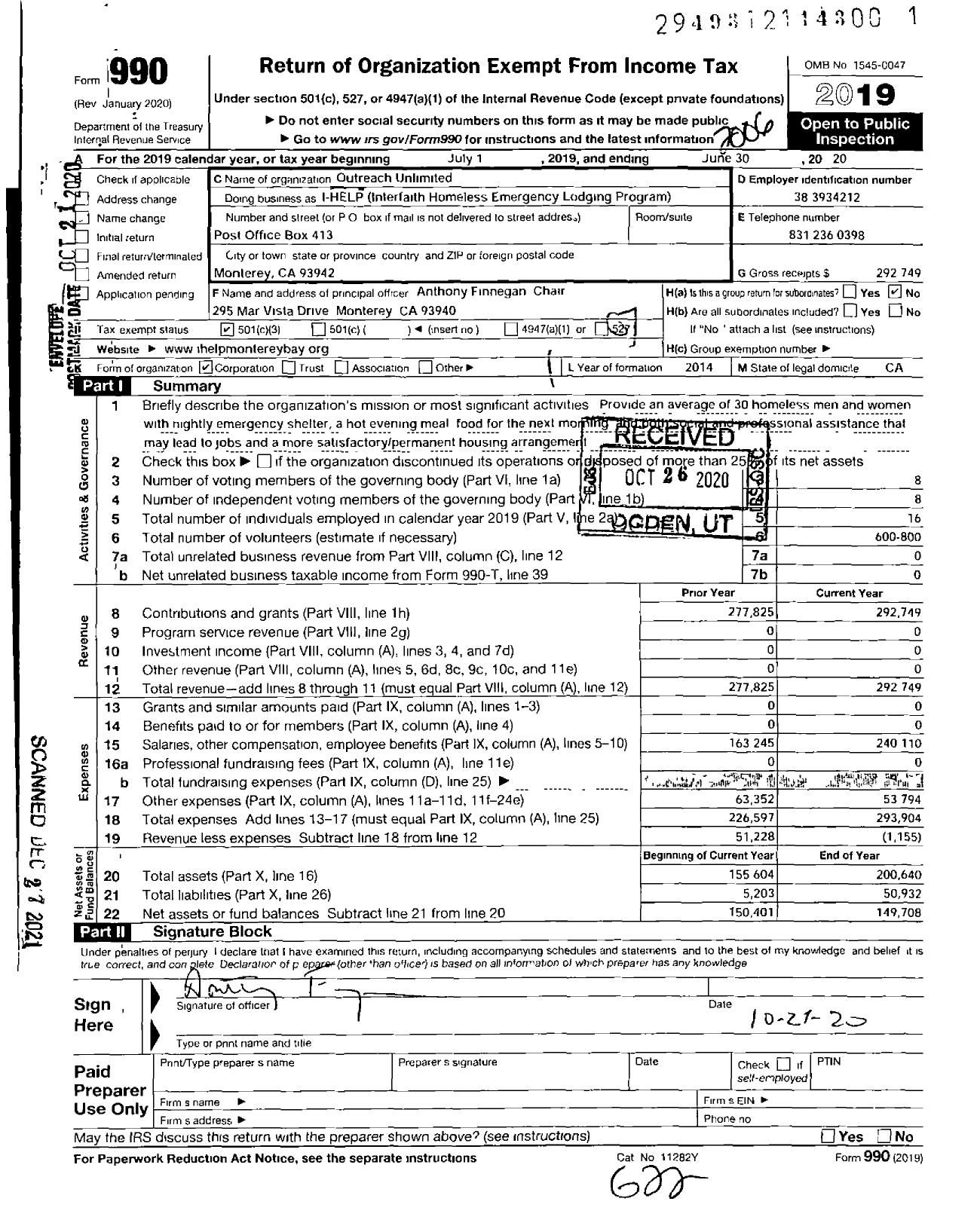 Image of first page of 2019 Form 990O for Outreach Unlimited I-Help