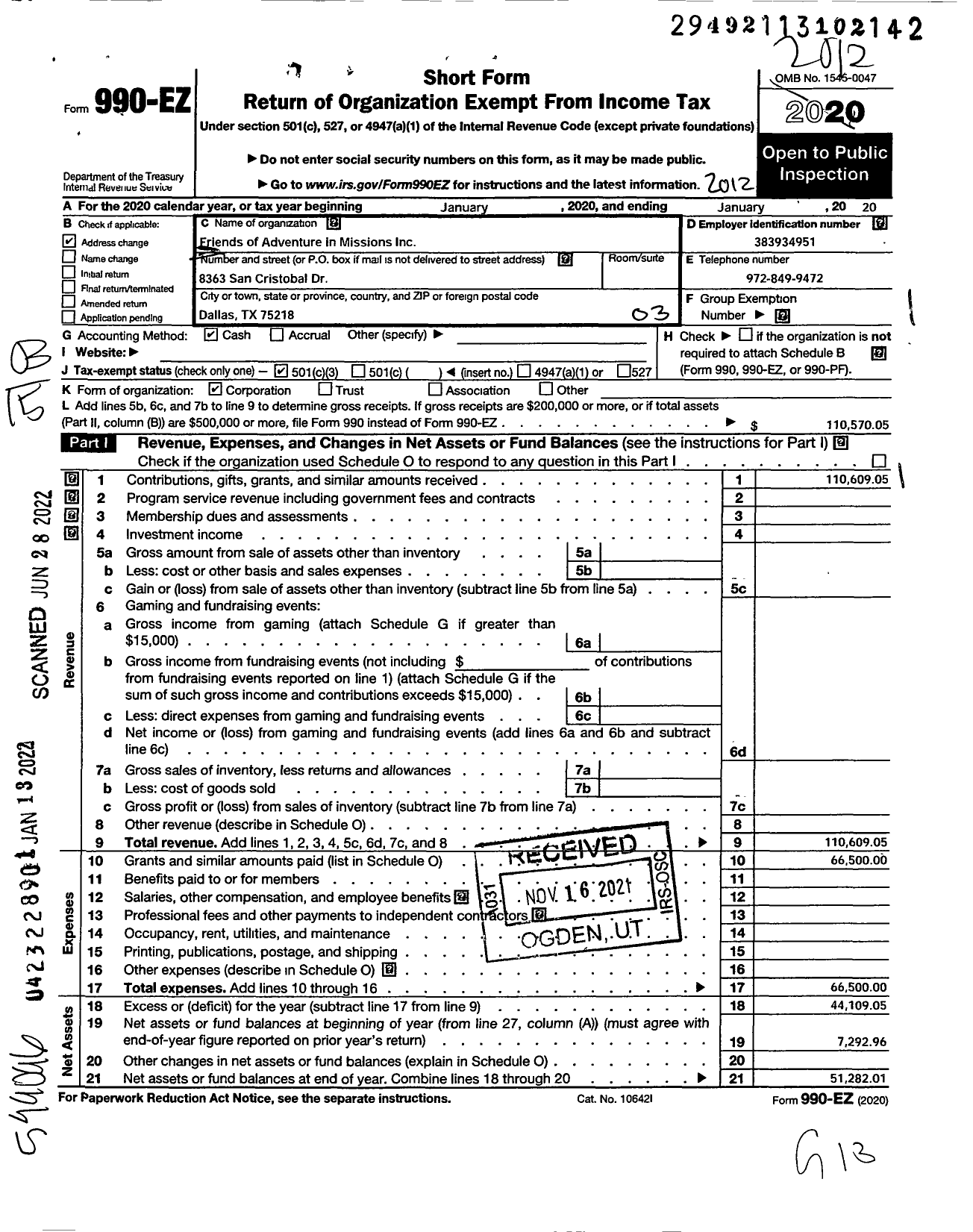 Image of first page of 2020 Form 990EZ for Friends of Adventure in Missions