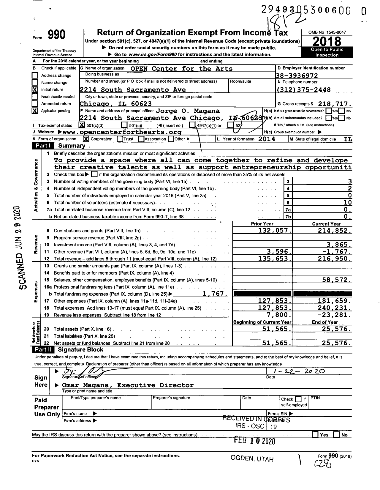 Image of first page of 2018 Form 990 for OPEN Center for the Arts