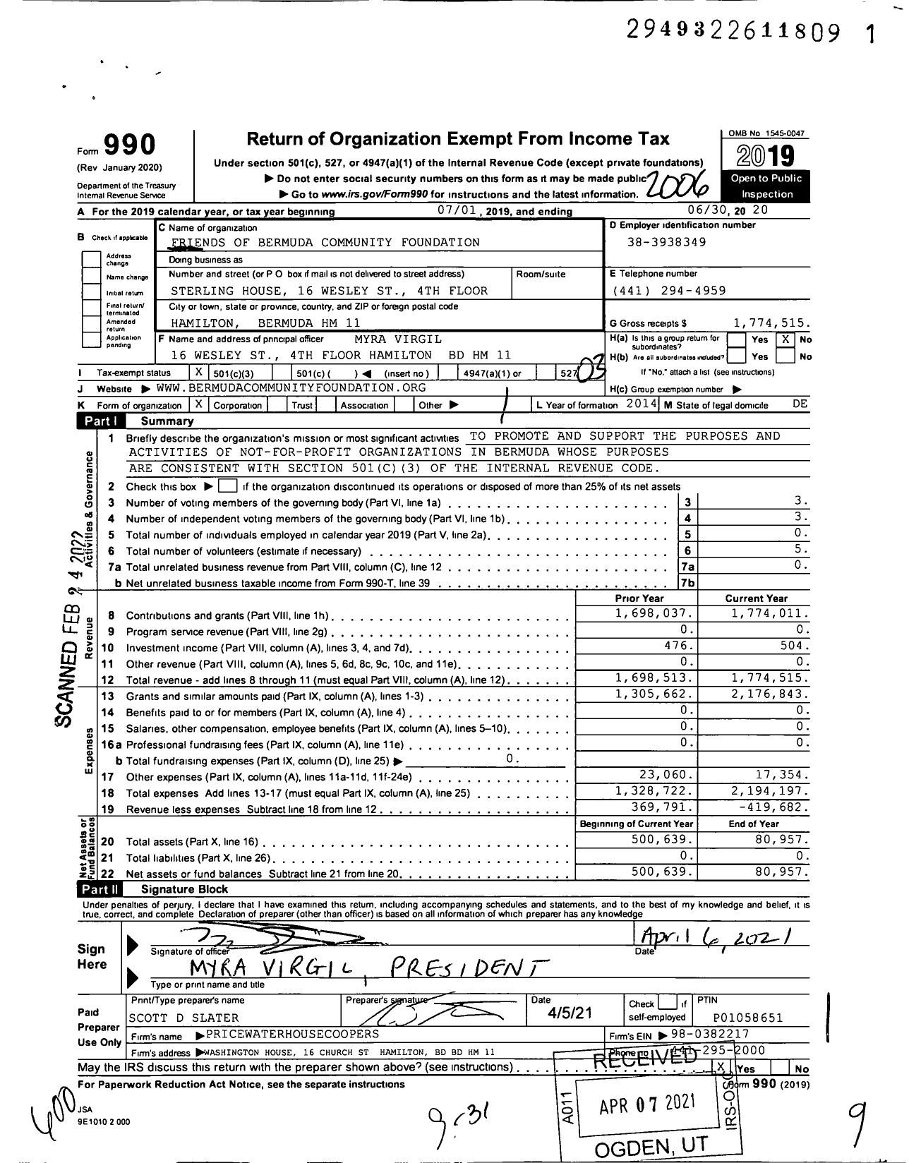 Image of first page of 2019 Form 990 for Friends of Bermuda Community Foundation