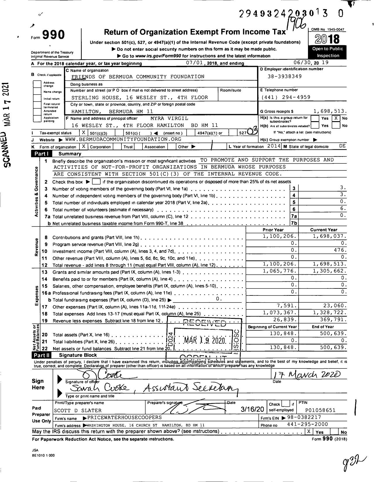 Image of first page of 2018 Form 990 for Friends of Bermuda Community Foundation