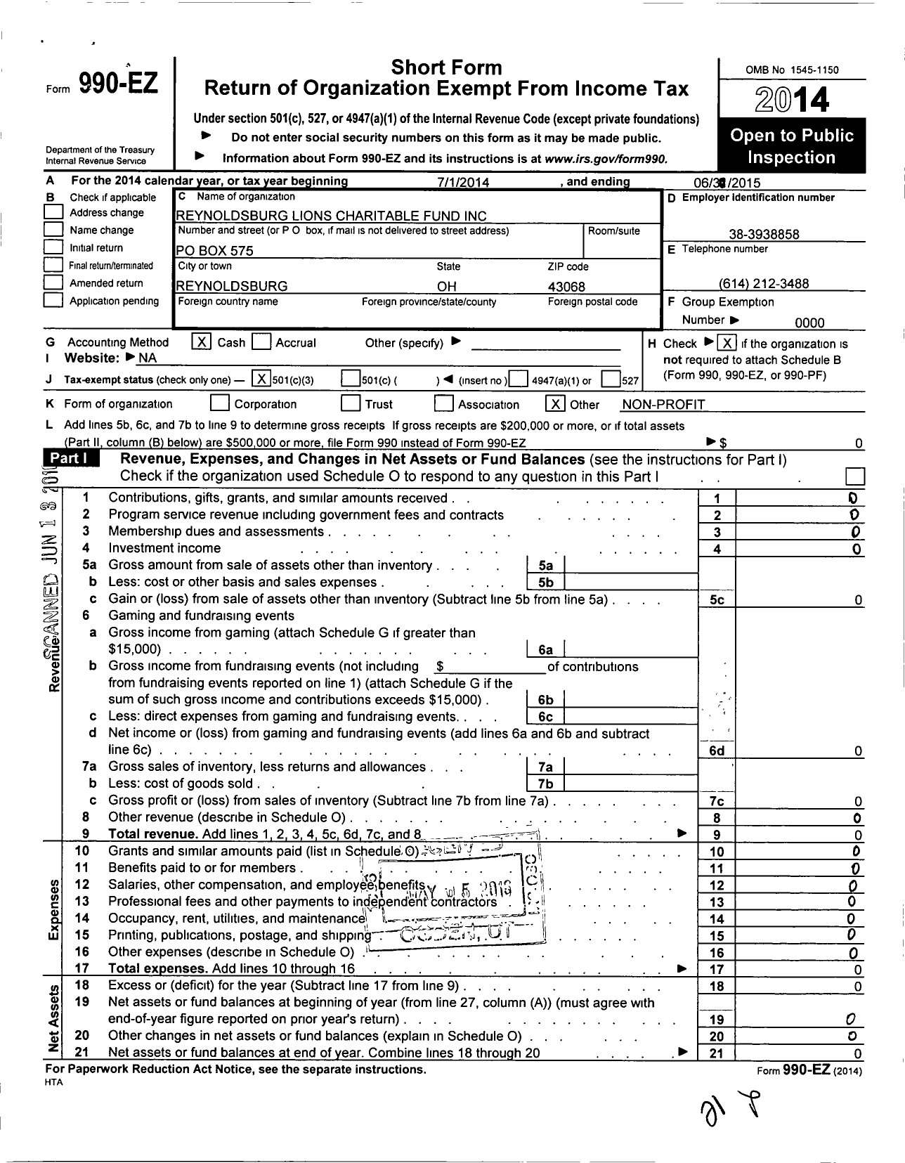 Image of first page of 2014 Form 990EZ for Reynoldsburg Lions Charitable Fund