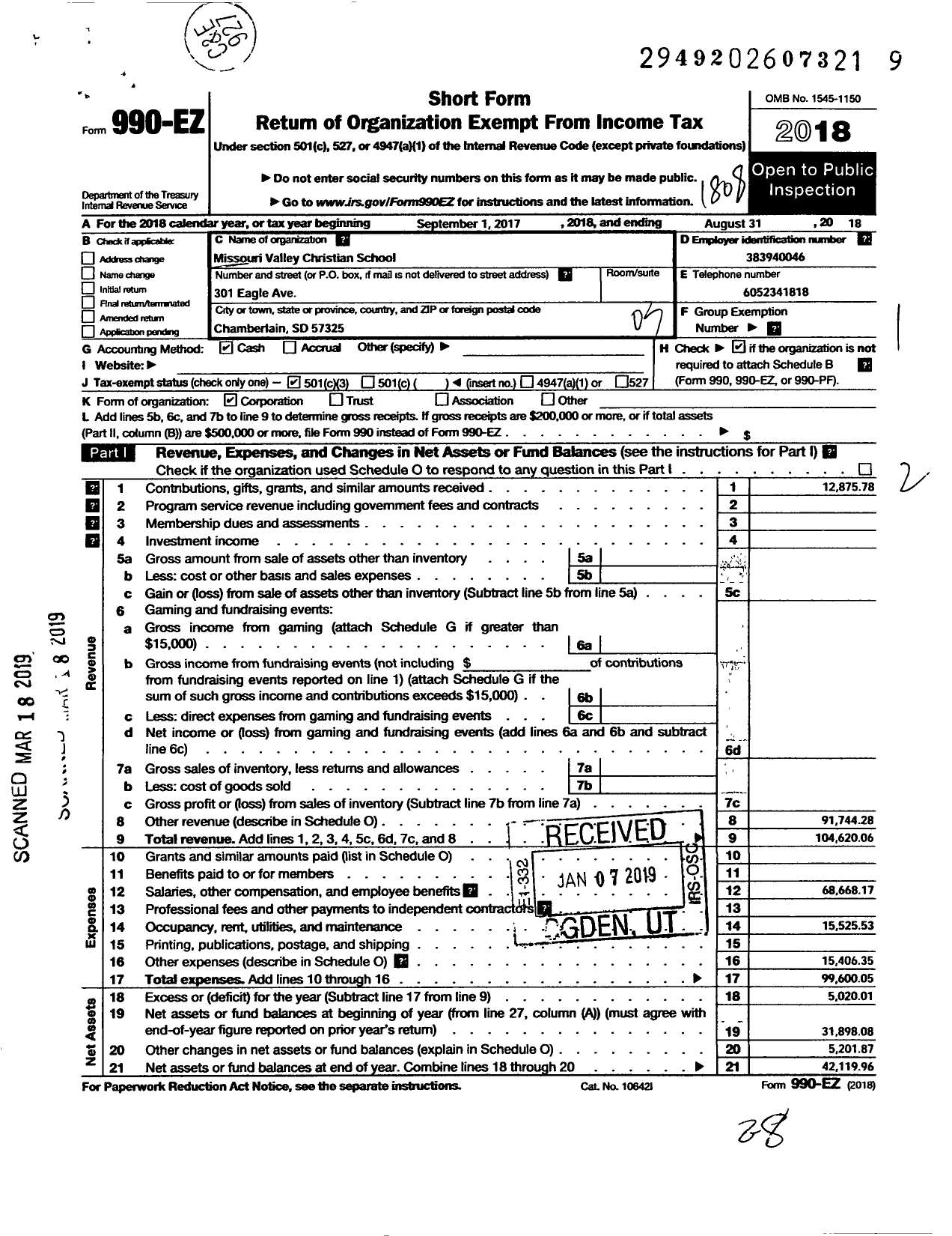 Image of first page of 2017 Form 990EZ for Missouri Valley Christian School