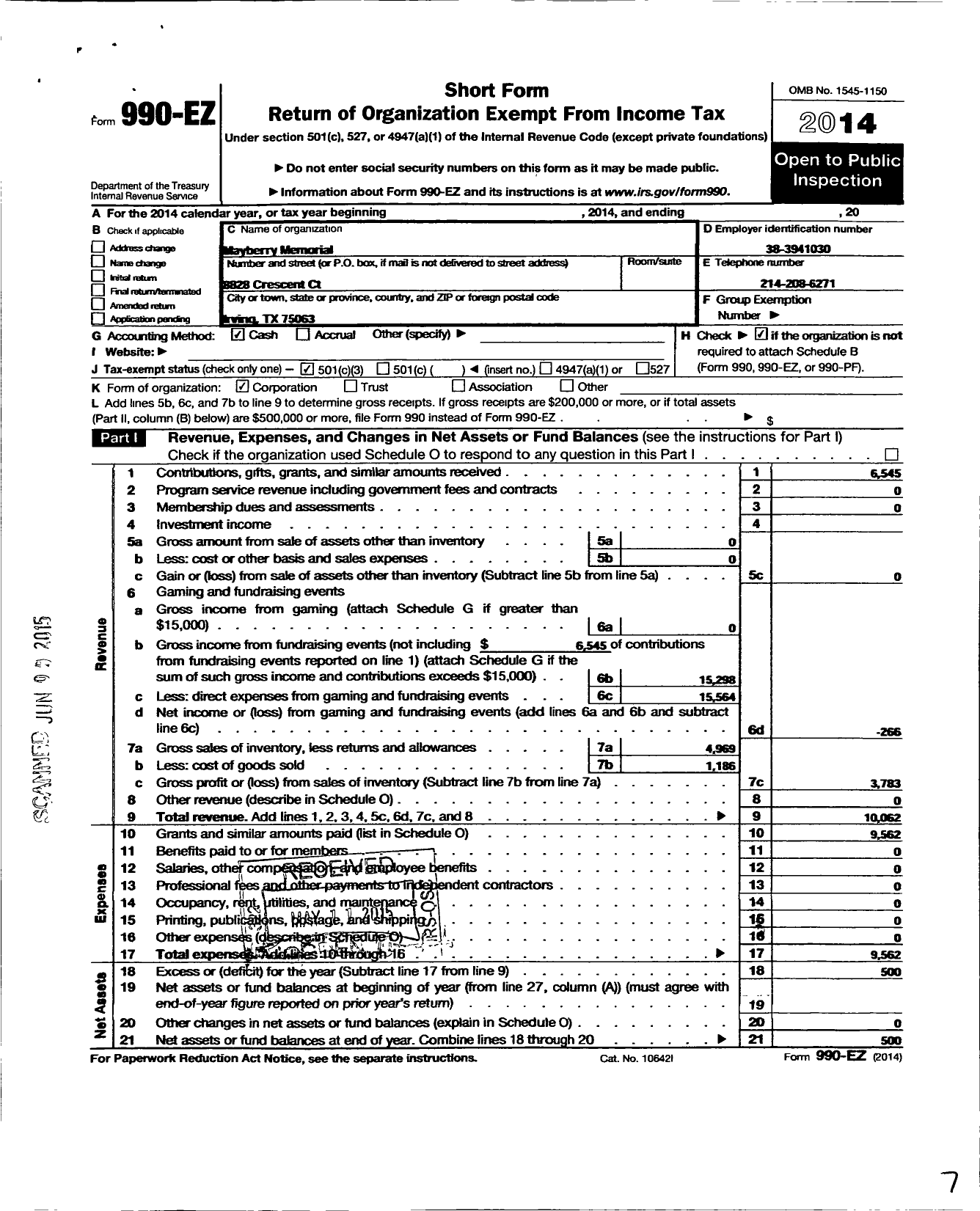 Image of first page of 2014 Form 990EZ for Mayberry Memorial