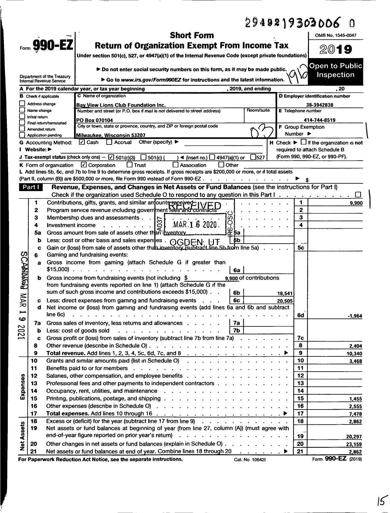 Image of first page of 2019 Form 990EZ for Bay View Lions Club Foundation