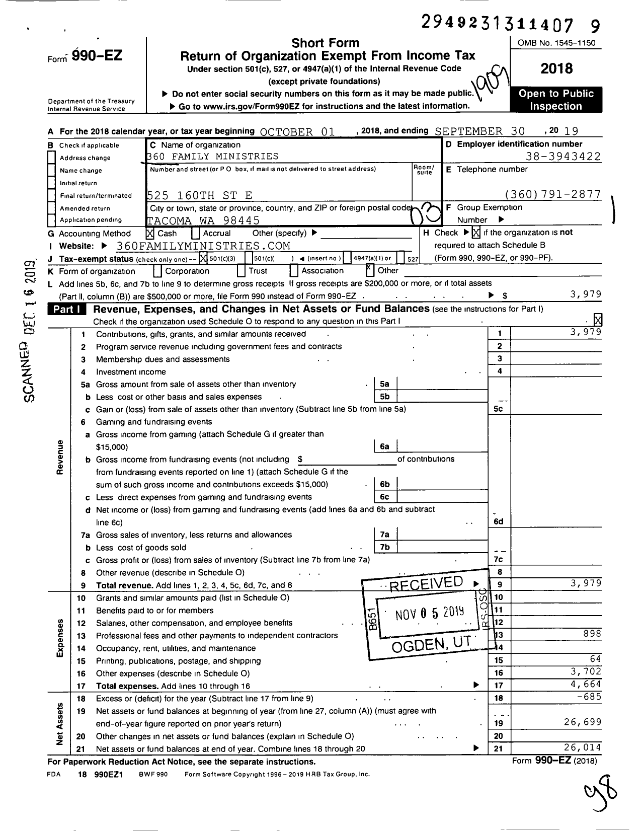 Image of first page of 2018 Form 990EZ for 360 Family Ministries