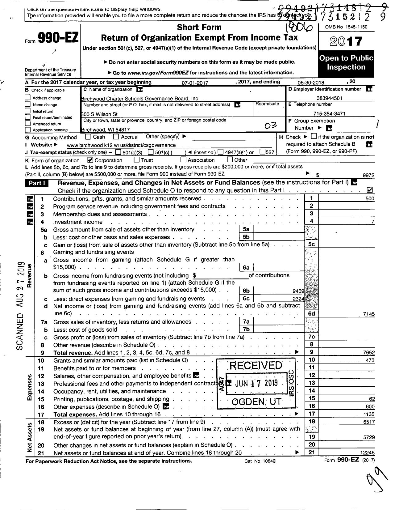 Image of first page of 2017 Form 990EZ for Birchwood Charter Schools Governance Board