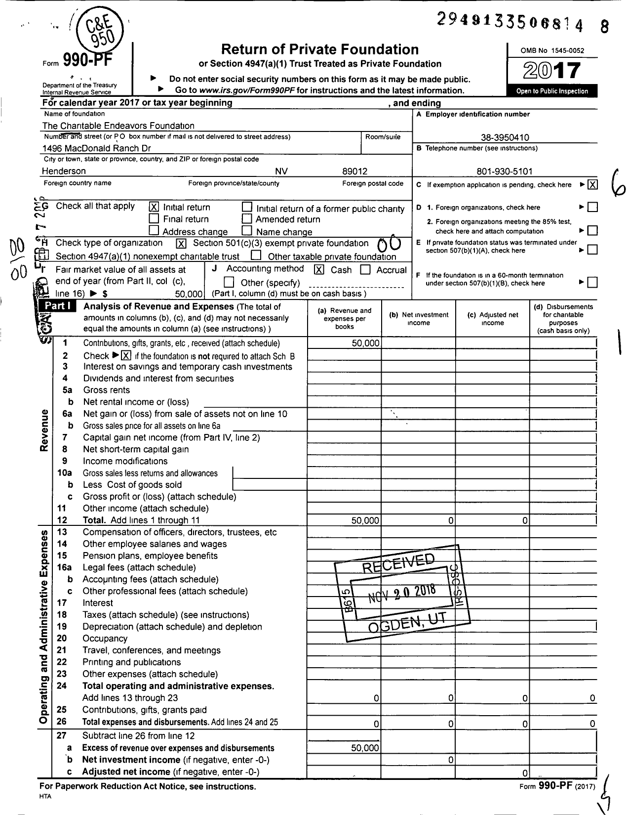 Image of first page of 2017 Form 990PF for The Charitable Endeavors Foundation