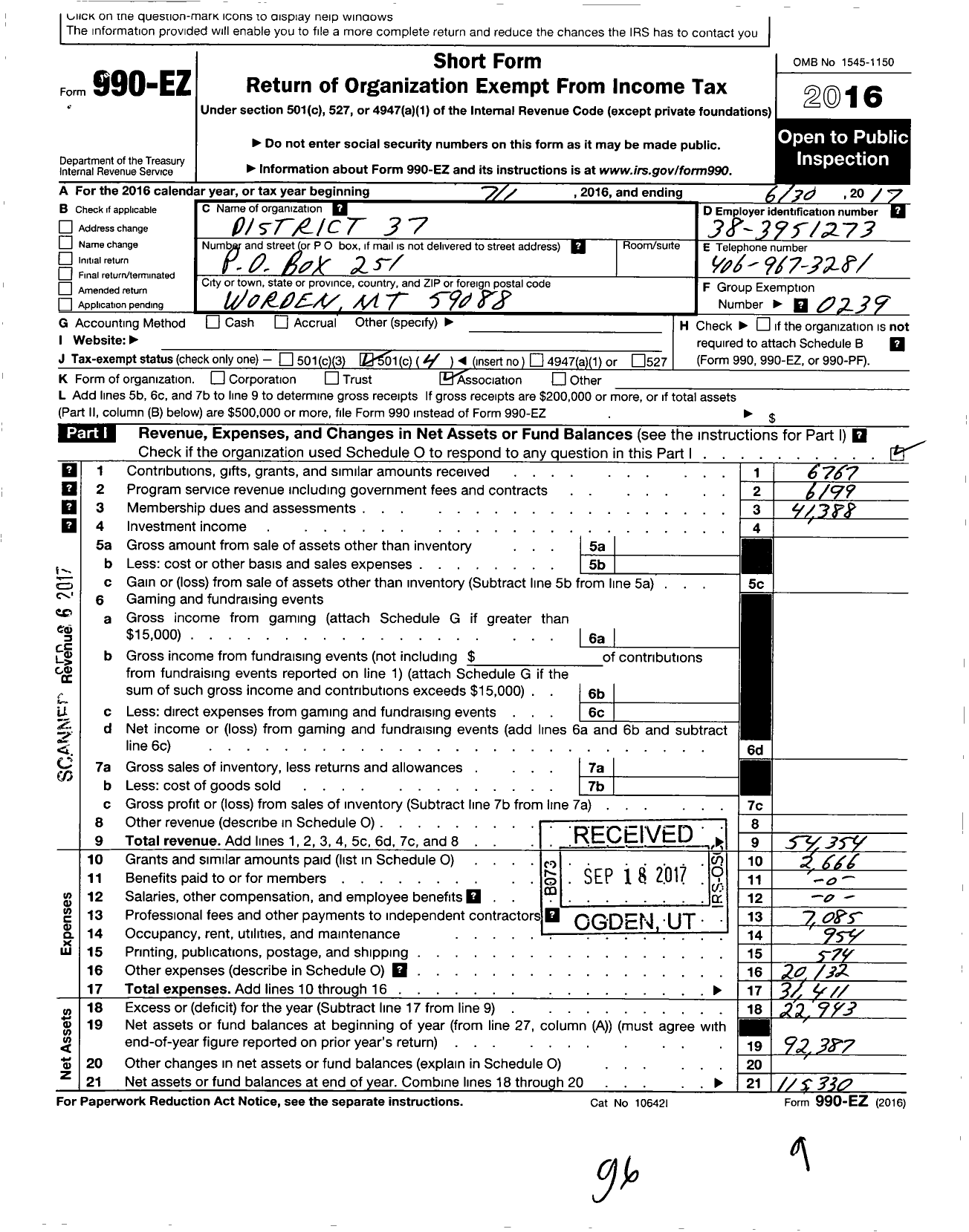 Image of first page of 2016 Form 990EO for Lions Clubs - 37 Montana Lions District