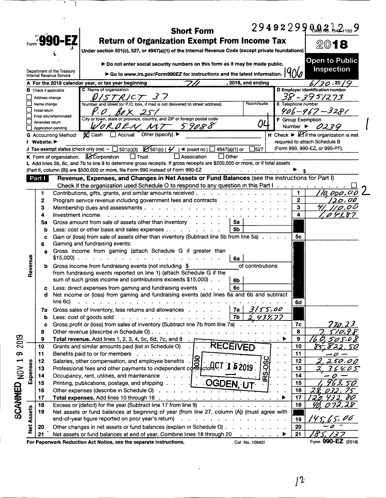 Image of first page of 2018 Form 990EO for Lions Clubs - 37 Montana Lions District