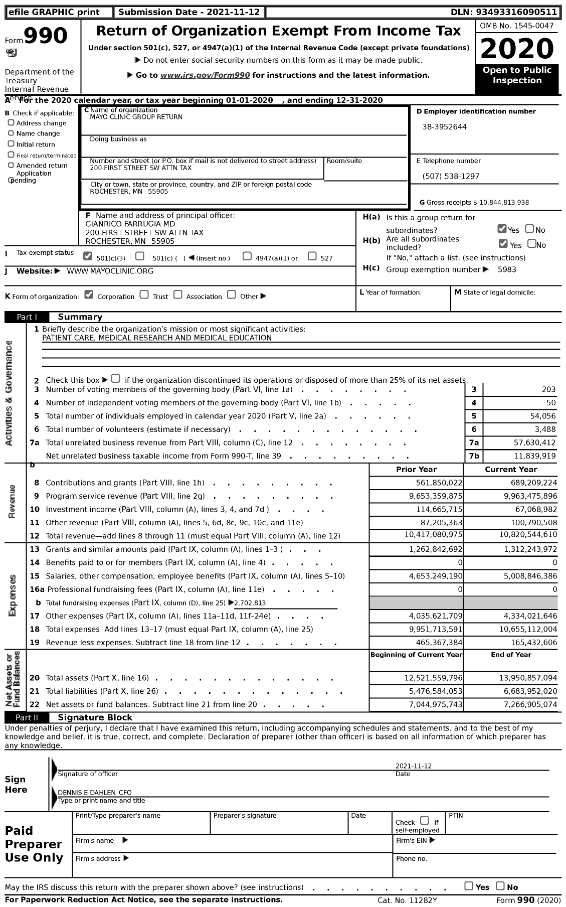 Image of first page of 2020 Form 990 for Mayo Clinic Group Return