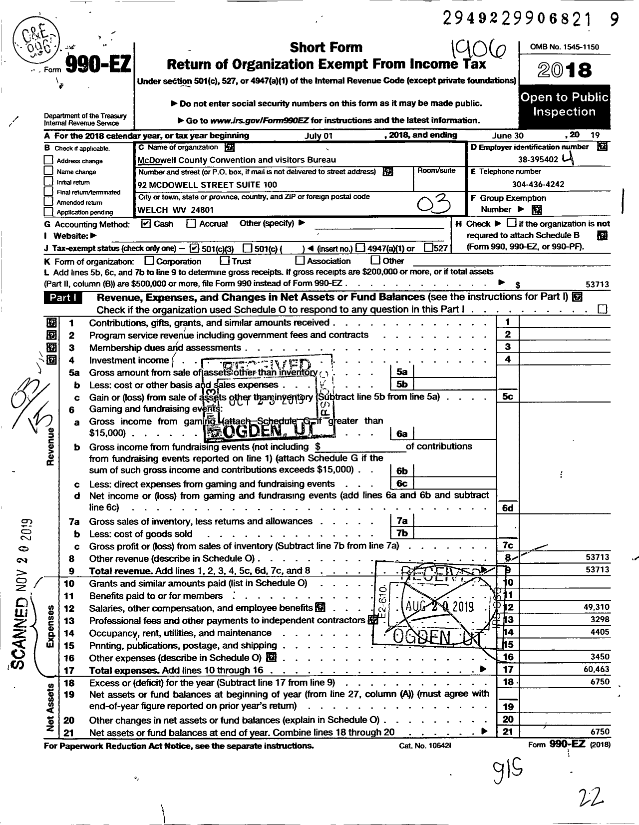 Image of first page of 2018 Form 990EZ for Mcdowell County Convention and Visitors Bureau