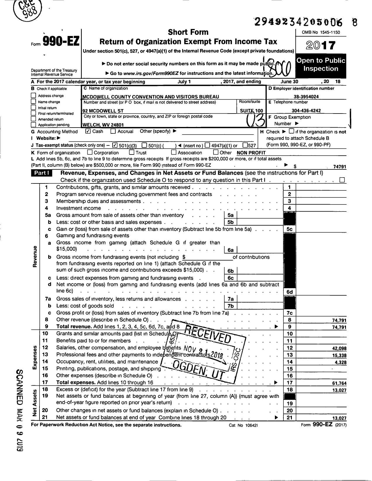 Image of first page of 2017 Form 990EZ for Mcdowell County Convention and Visitors Bureau