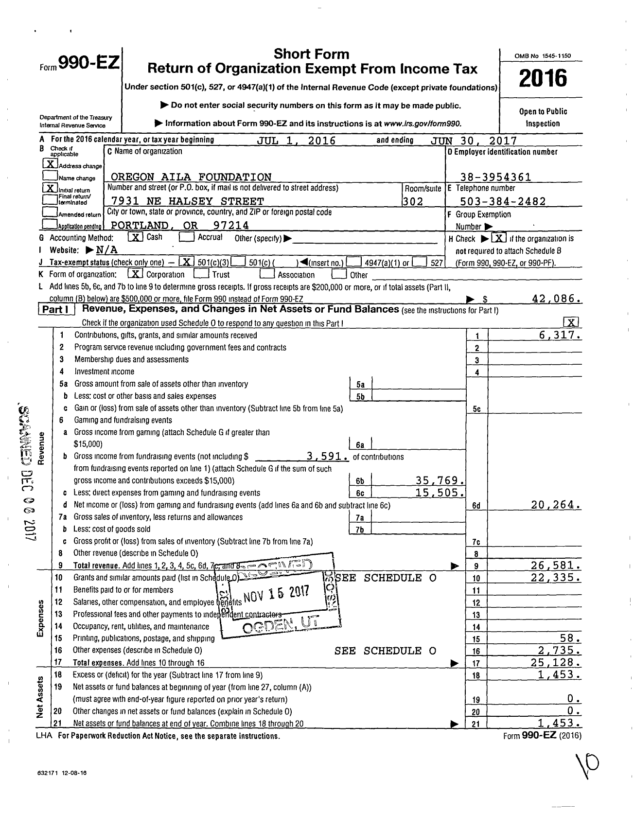 Image of first page of 2016 Form 990EZ for Oregon Immigrant Foundation