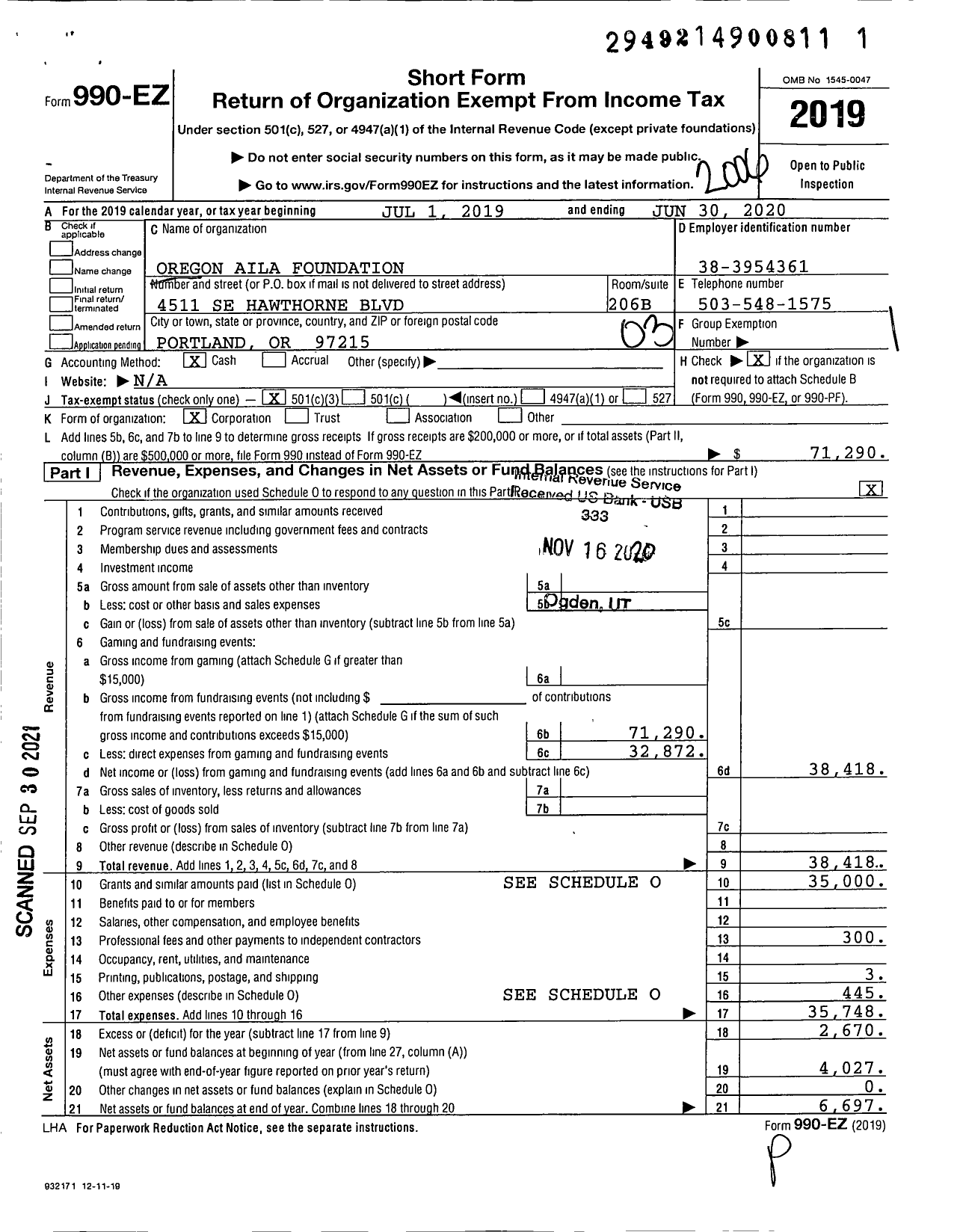 Image of first page of 2019 Form 990EZ for Oregon Immigrant Foundation