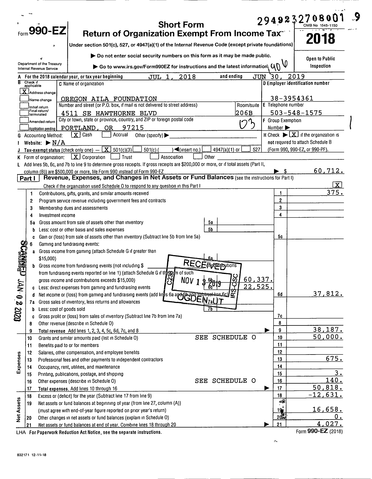 Image of first page of 2018 Form 990EZ for Oregon Immigrant Foundation