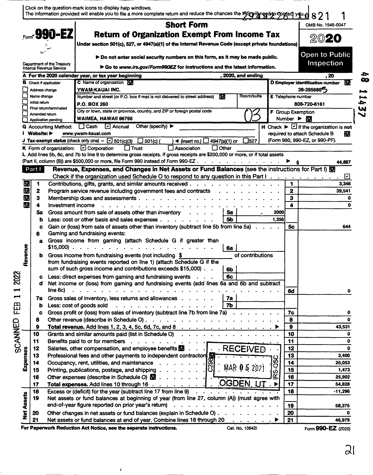 Image of first page of 2020 Form 990EZ for Ywam Kauai