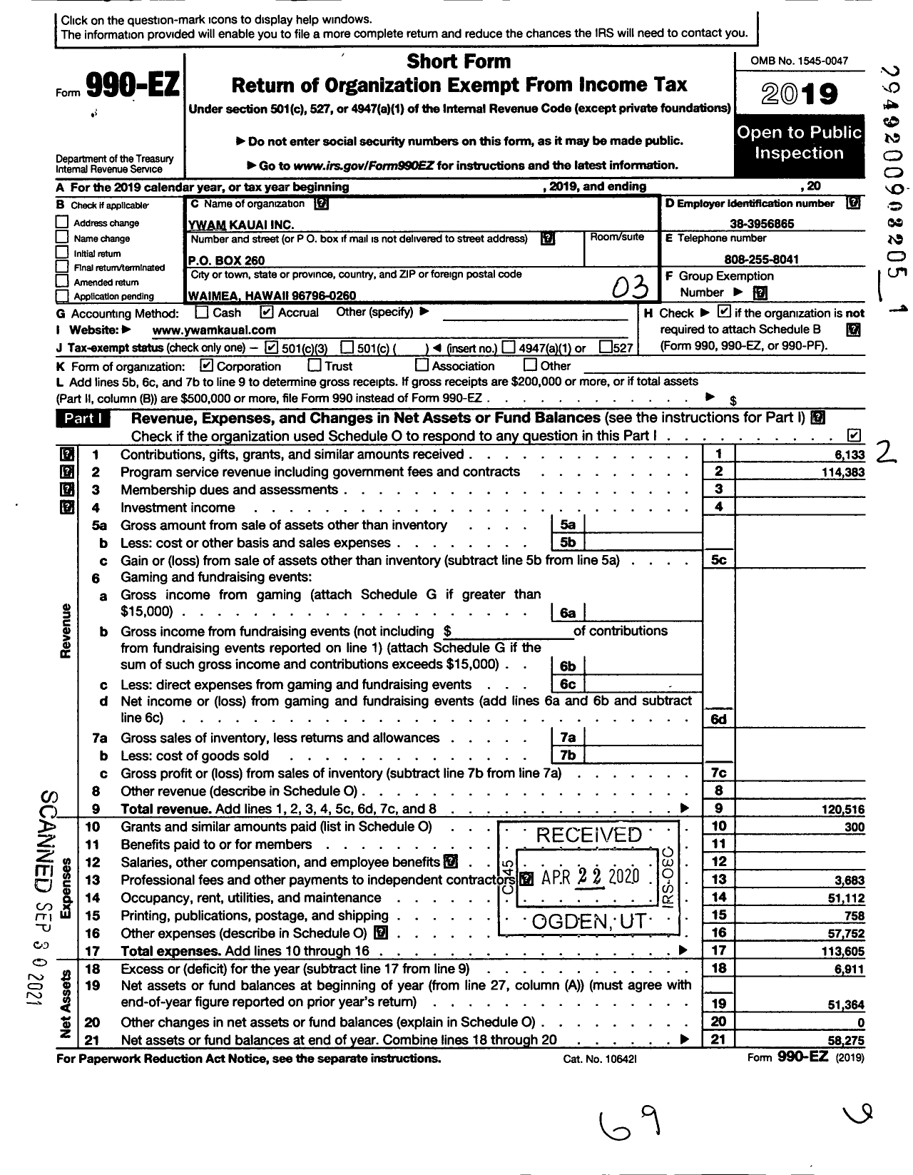 Image of first page of 2019 Form 990EZ for Ywam Kauai