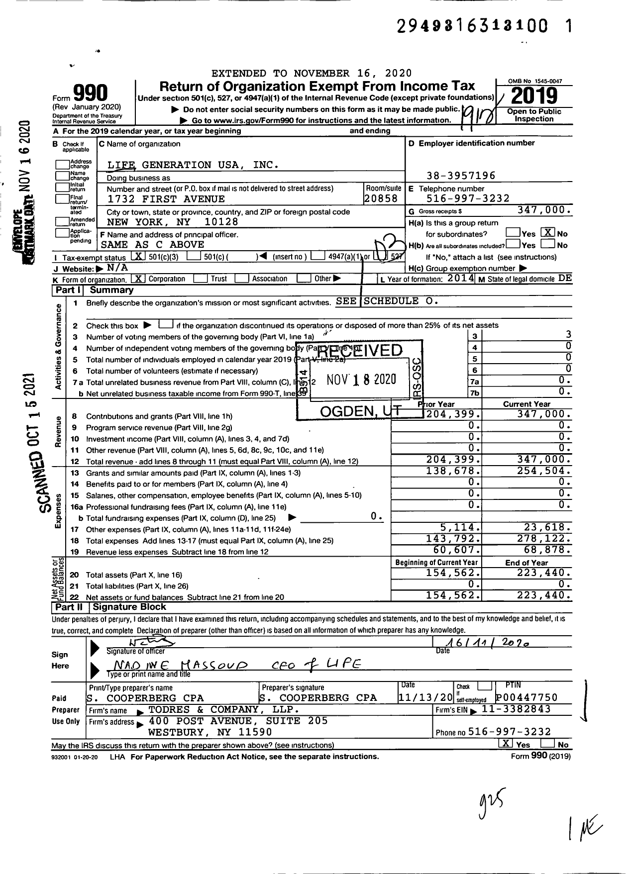 Image of first page of 2019 Form 990 for Life Generation USA