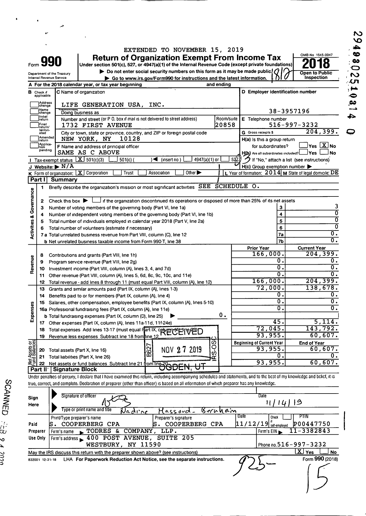 Image of first page of 2018 Form 990 for Life Generation USA