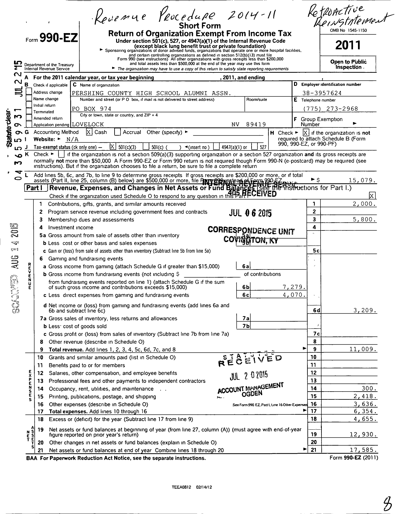 Image of first page of 2011 Form 990EZ for Pershing County High School Alumni Association