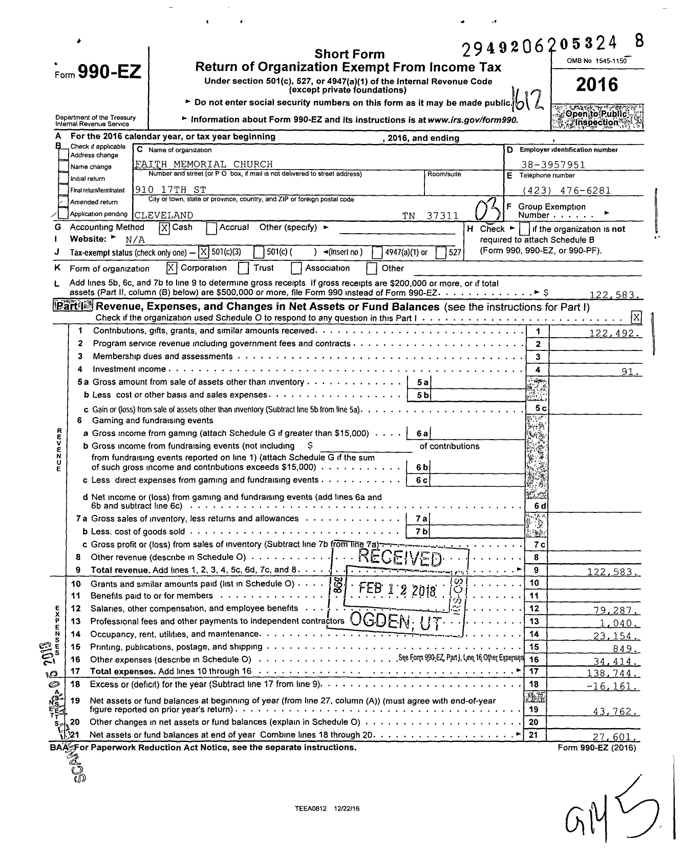 Image of first page of 2016 Form 990EZ for Faith Memorial Church