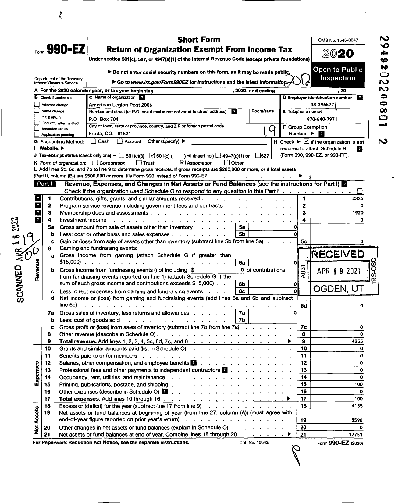 Image of first page of 2020 Form 990EO for American Legion - Post 2006 Fruita