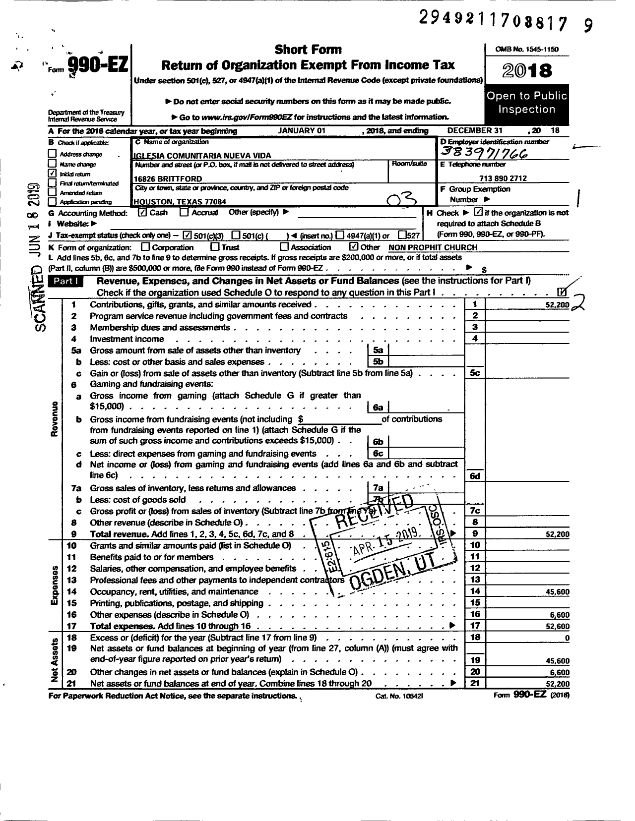 Image of first page of 2018 Form 990EZ for Iglesia Comunitaria Nueva Vida