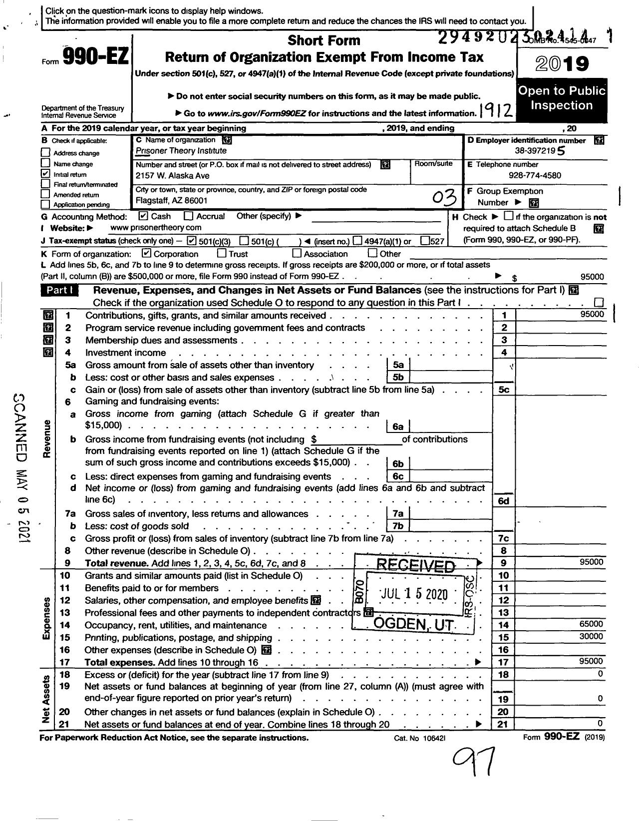 Image of first page of 2019 Form 990EZ for Prisoner Theory Institute