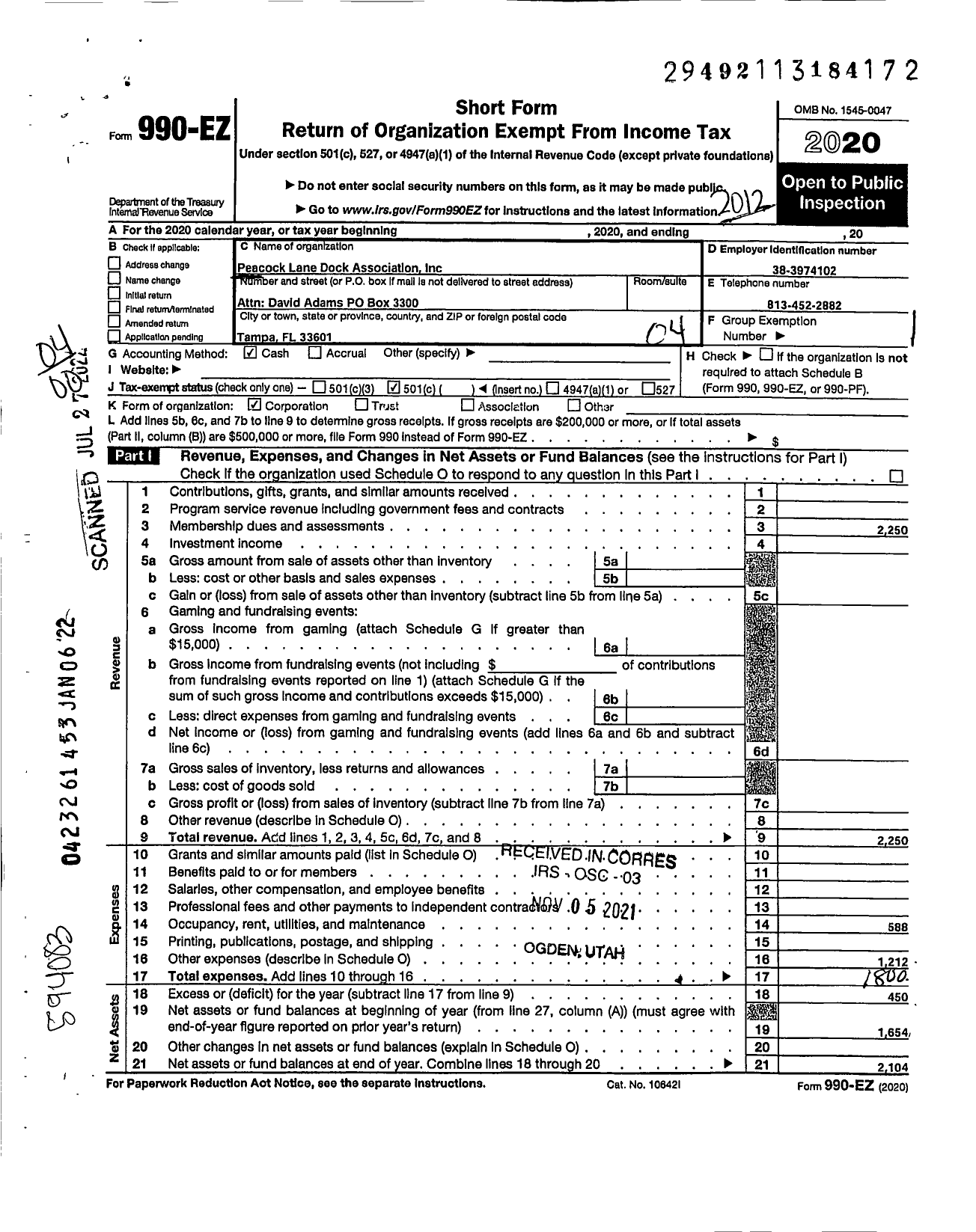 Image of first page of 2020 Form 990EO for Peacock Lane Dock Assn