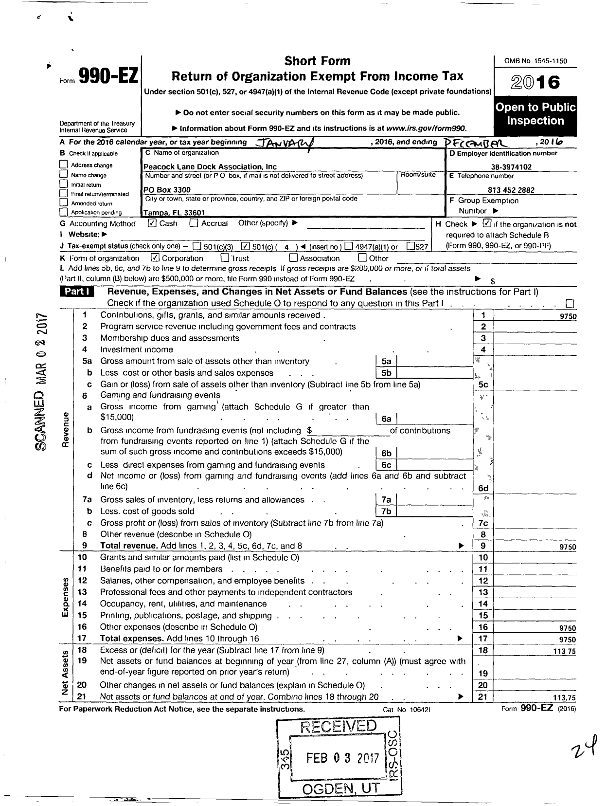 Image of first page of 2016 Form 990EO for Peacock Lane Dock Assn