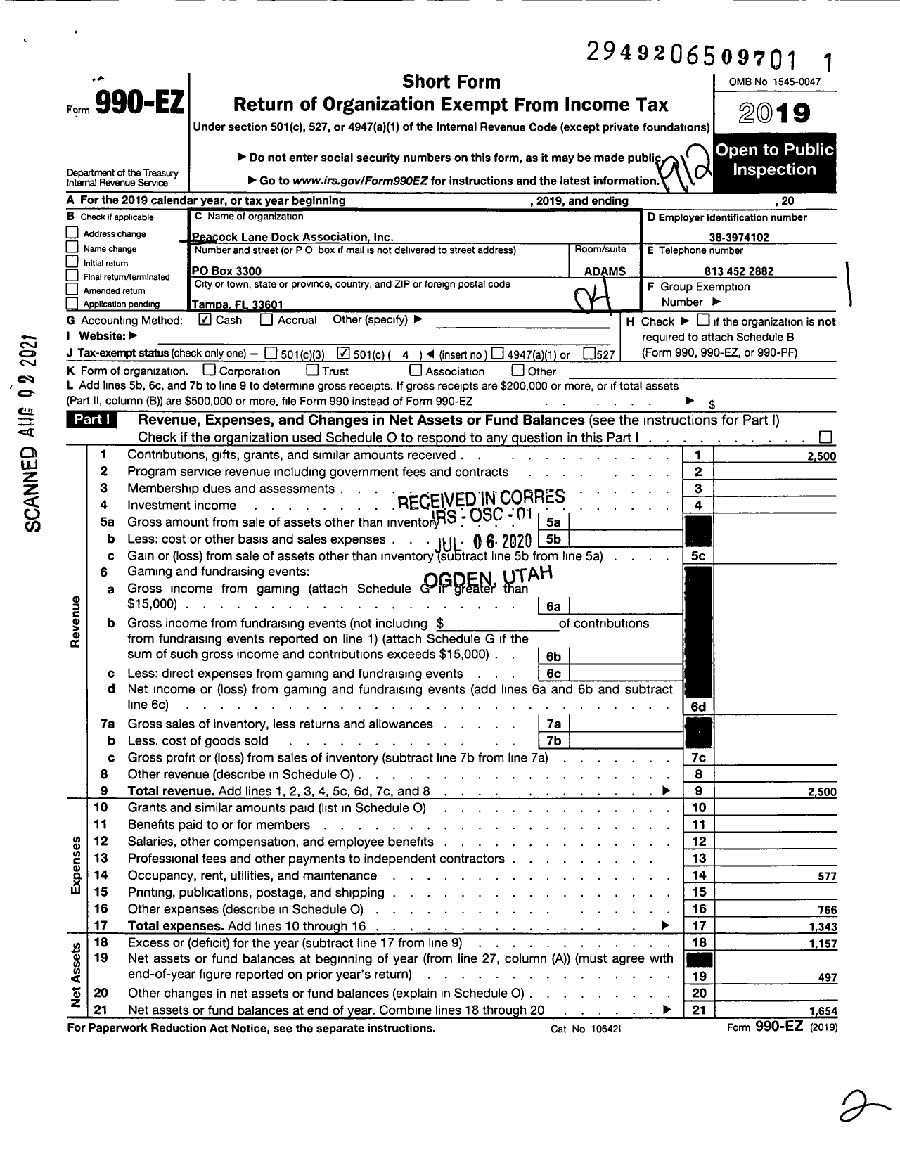 Image of first page of 2019 Form 990EO for Peacock Lane Dock Assn