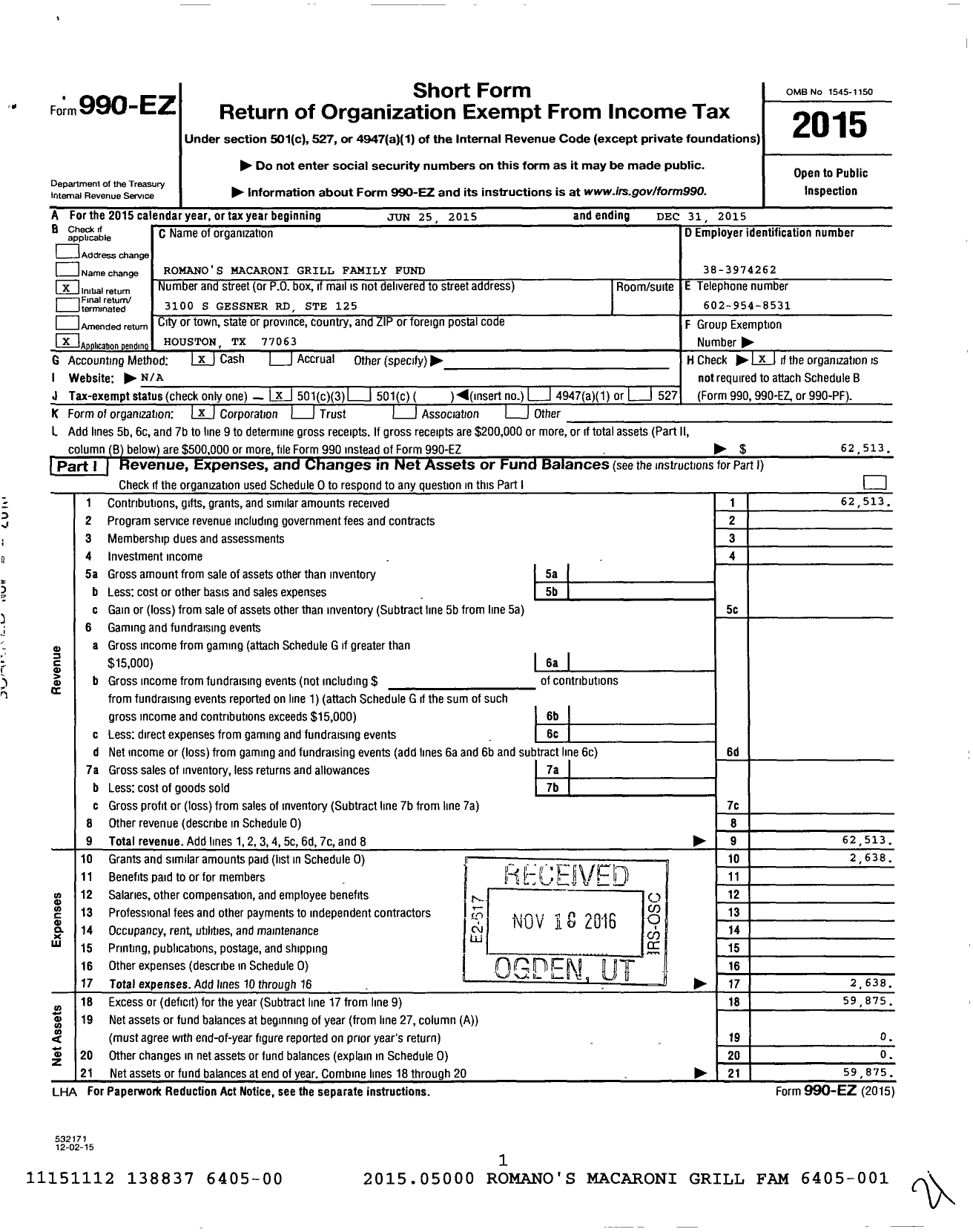 Image of first page of 2015 Form 990EZ for Romano's Macaroni Grill Family Fund