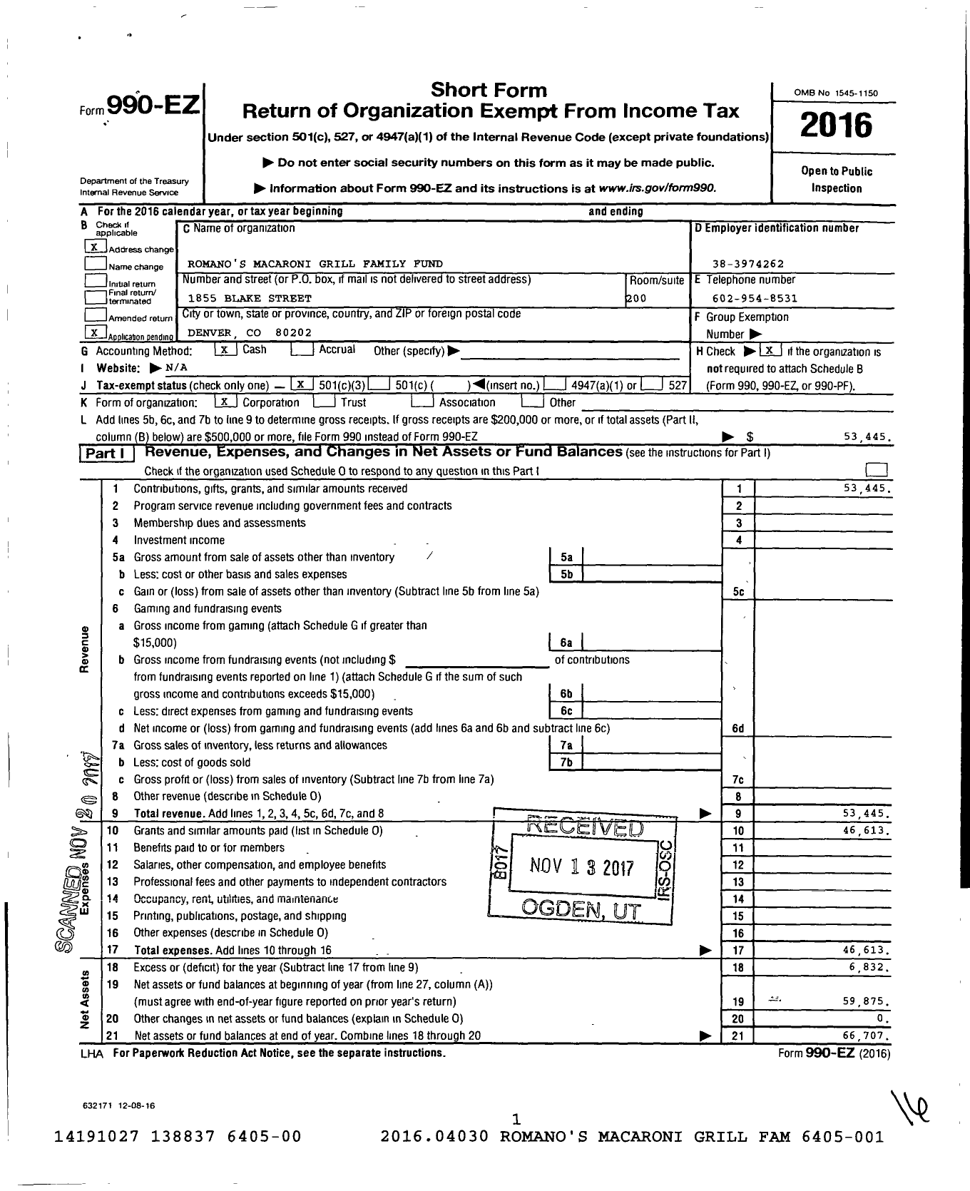 Image of first page of 2016 Form 990EZ for Romano's Macaroni Grill Family Fund