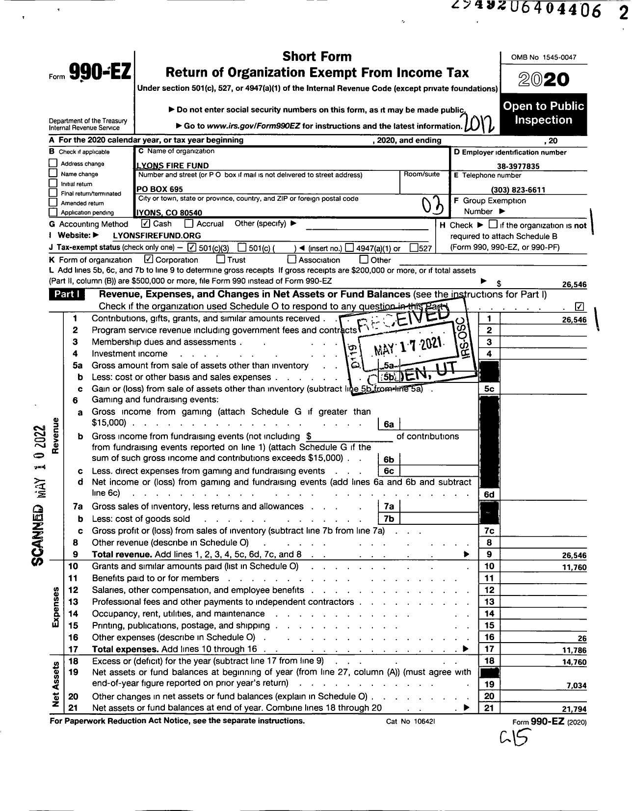 Image of first page of 2020 Form 990EZ for Lyons Fire Fund