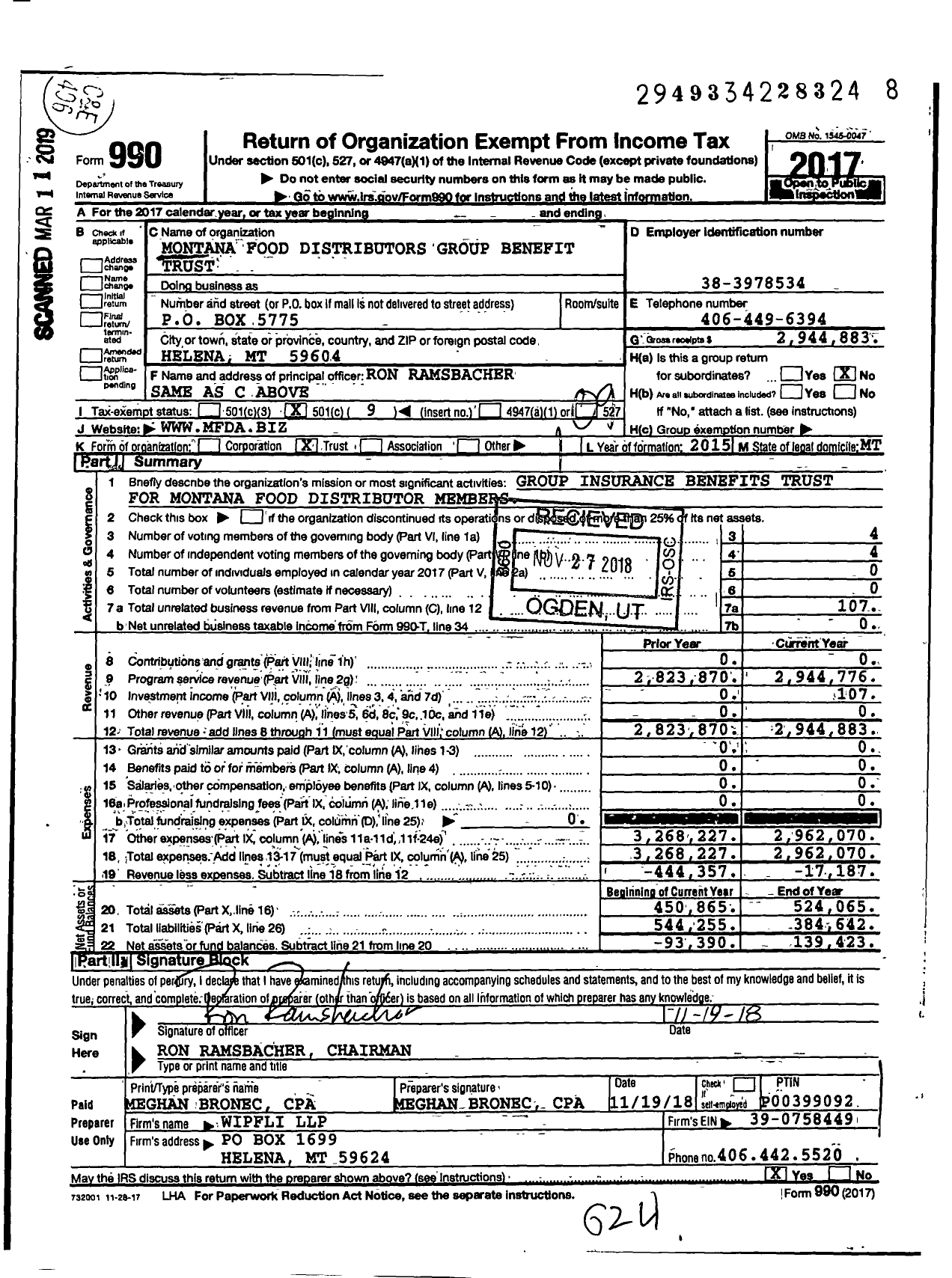 Image of first page of 2017 Form 990O for Montana Food Distributors Group Benefit Trust