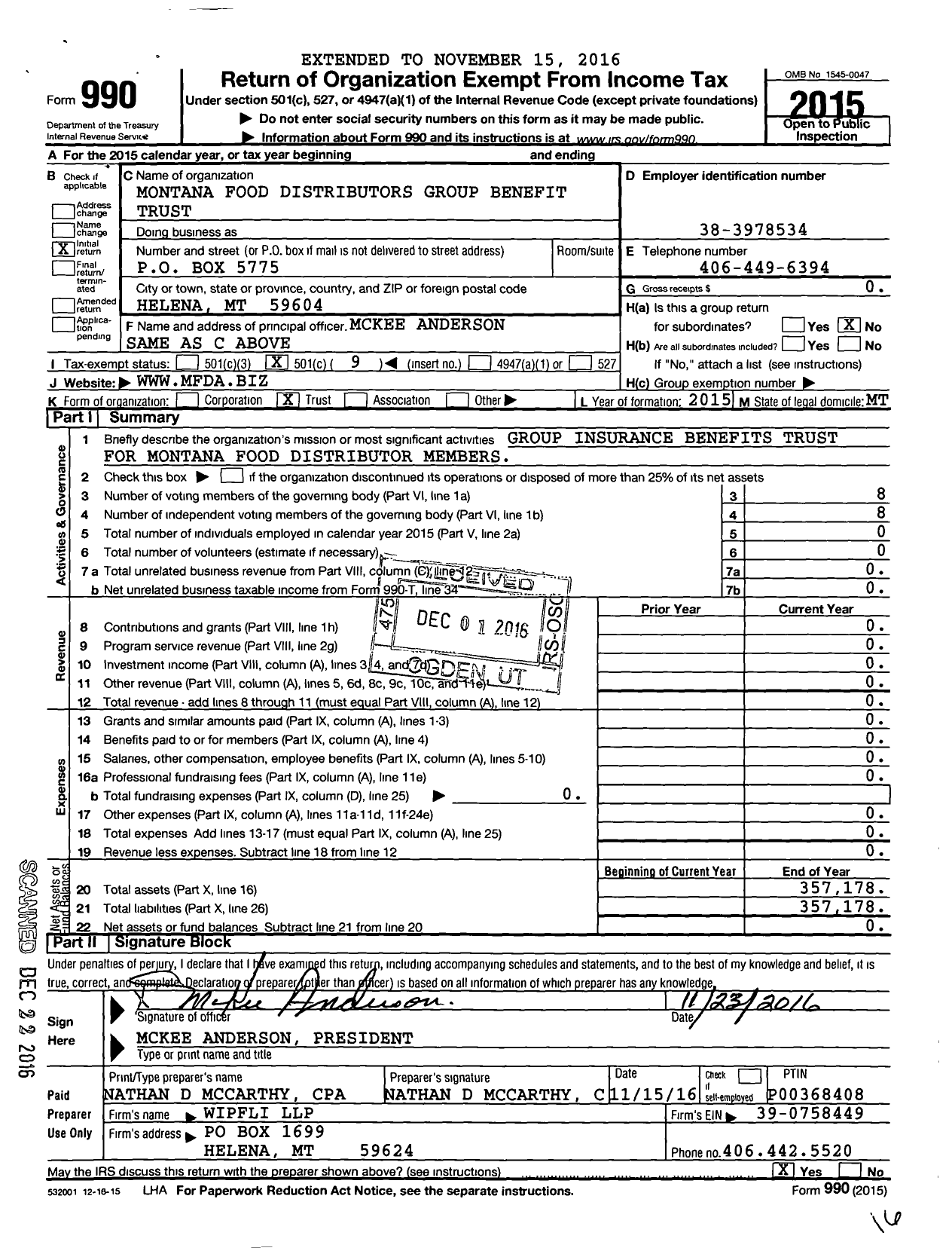 Image of first page of 2015 Form 990O for Montana Food Distributors Group Benefit Trust