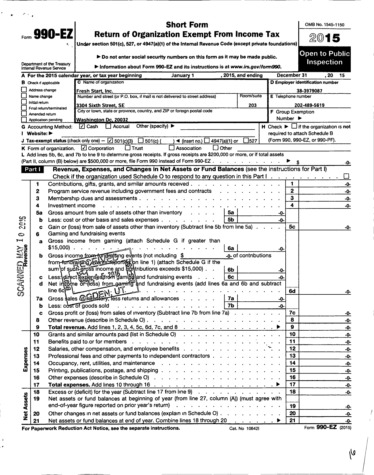 Image of first page of 2015 Form 990EZ for Fresh Start