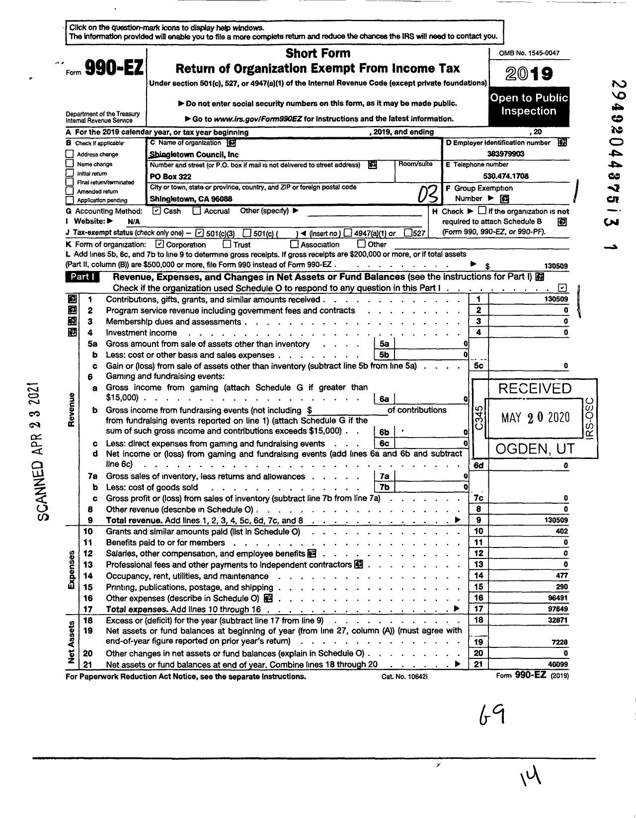 Image of first page of 2019 Form 990EZ for Shingletown Council