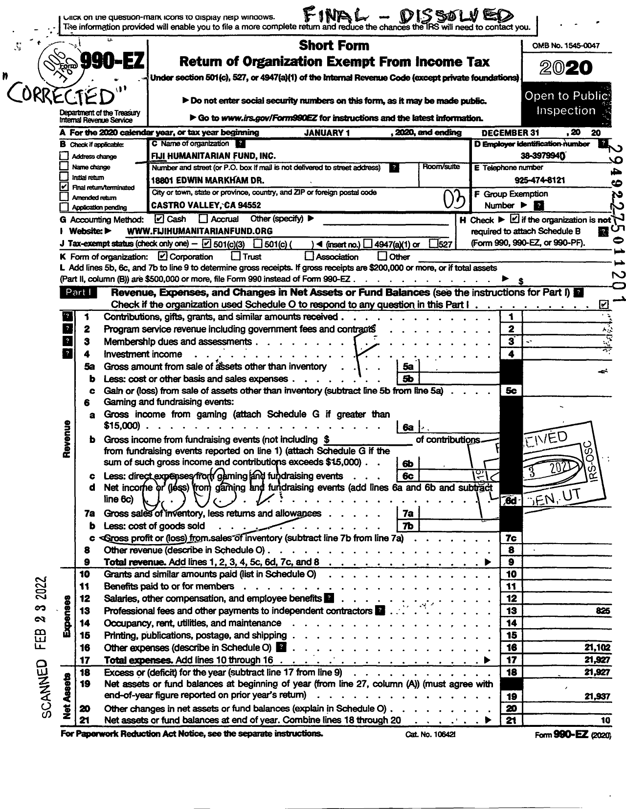 Image of first page of 2020 Form 990EZ for Fiji Humanitarian Fund